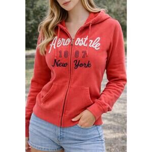 Aeropostale Zip Up Hoodie Women’s XL Coral Pink 1987 New York Embroidered Logo